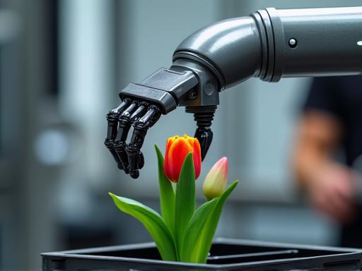 Un cobot che posiziona delicatamente un tulipano in un vassoio