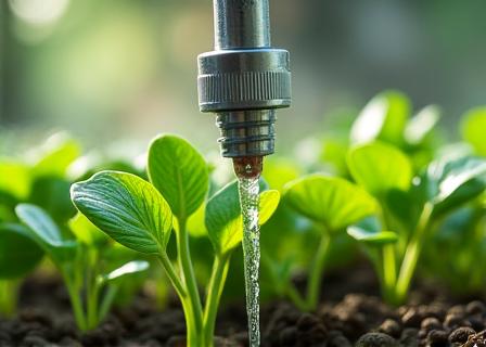 Dettaglio di un sistema di irrigazione automatico su giovani piante