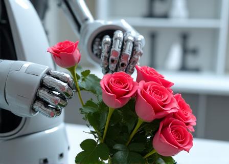 Braccio robotico che assembla un bouquet di rose