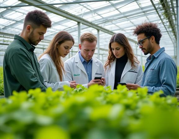 Il team di ingegneri e botanici di Fioritura Meccanica in una serra moderna